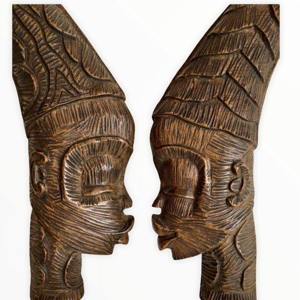 Vintage Pair of Wooden Hand Carved African Women Wall Hangers